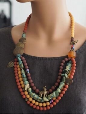 Multi-Strand Statement Necklace with Earthy Tones & Whimsical Charms
